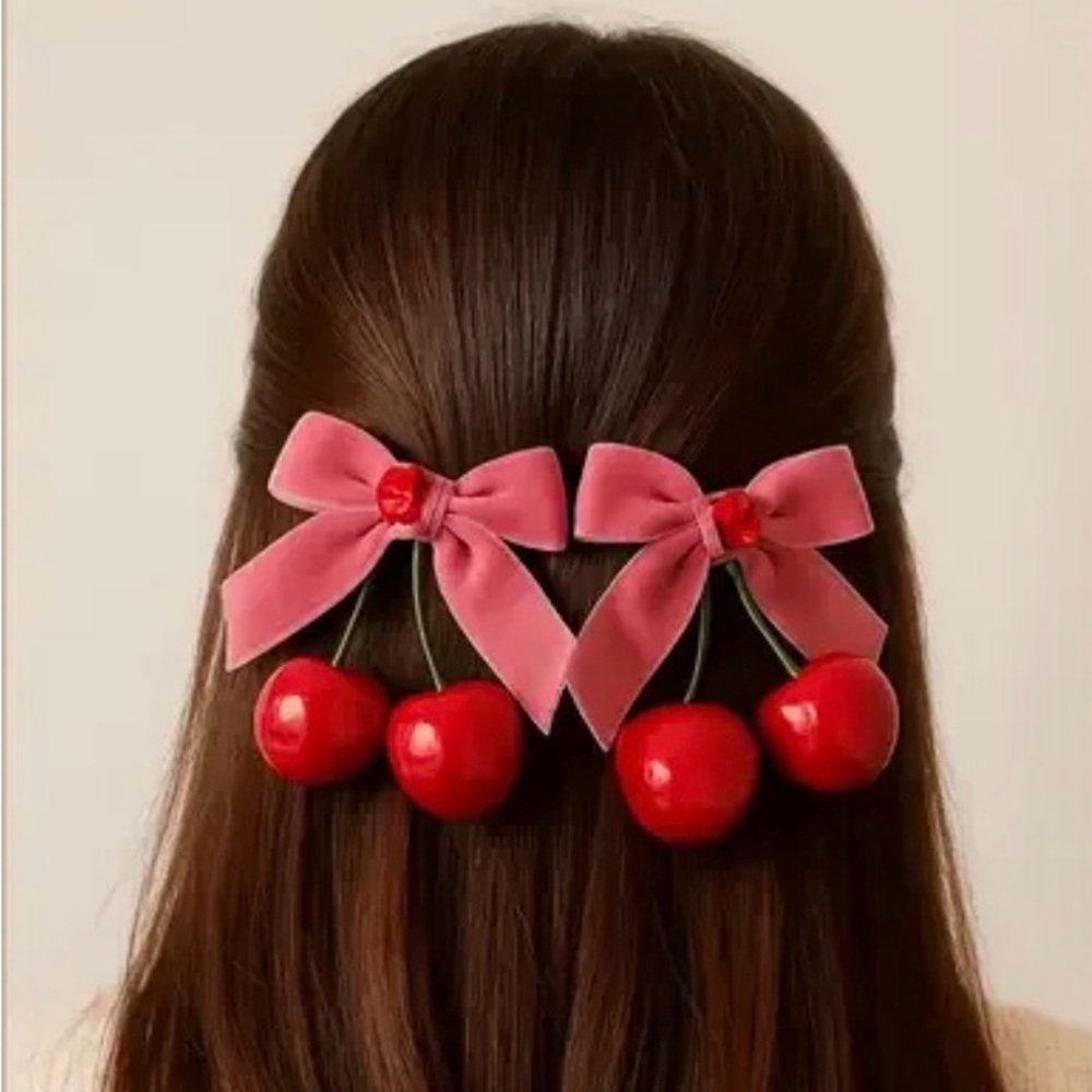 It Girl Pink Cherry Hair Clips with Velvet Ribbon Bow Set of 2 Barrettes New - Picture 7 of 11